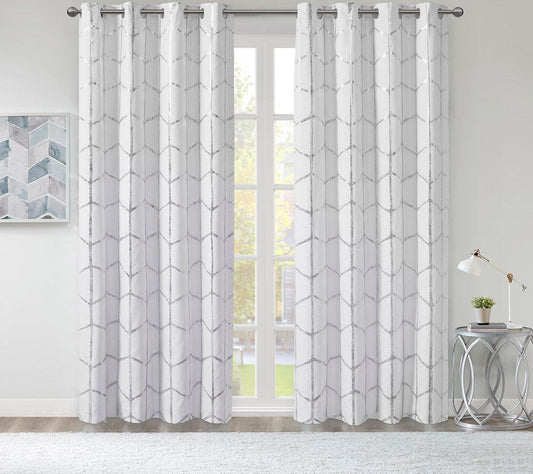 Raina 63" Total Blackout Metallic Print Grommet Top Curtain White & Silver Olliix.com