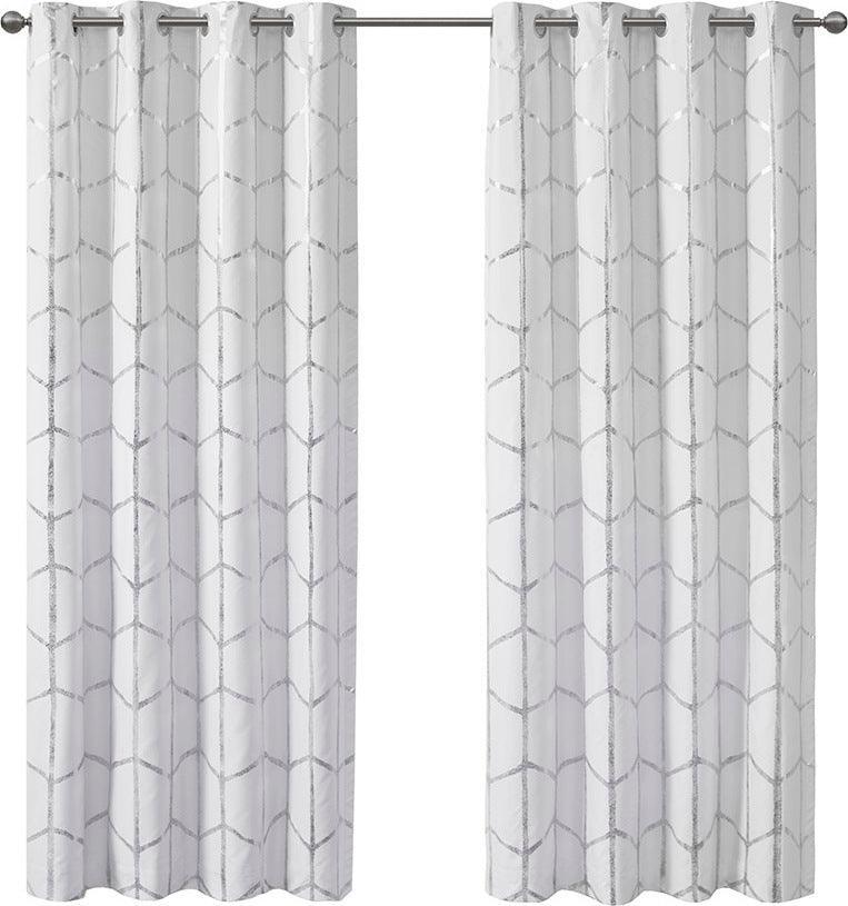 Raina 63" Total Blackout Metallic Print Grommet Top Curtain White & Silver Olliix.com