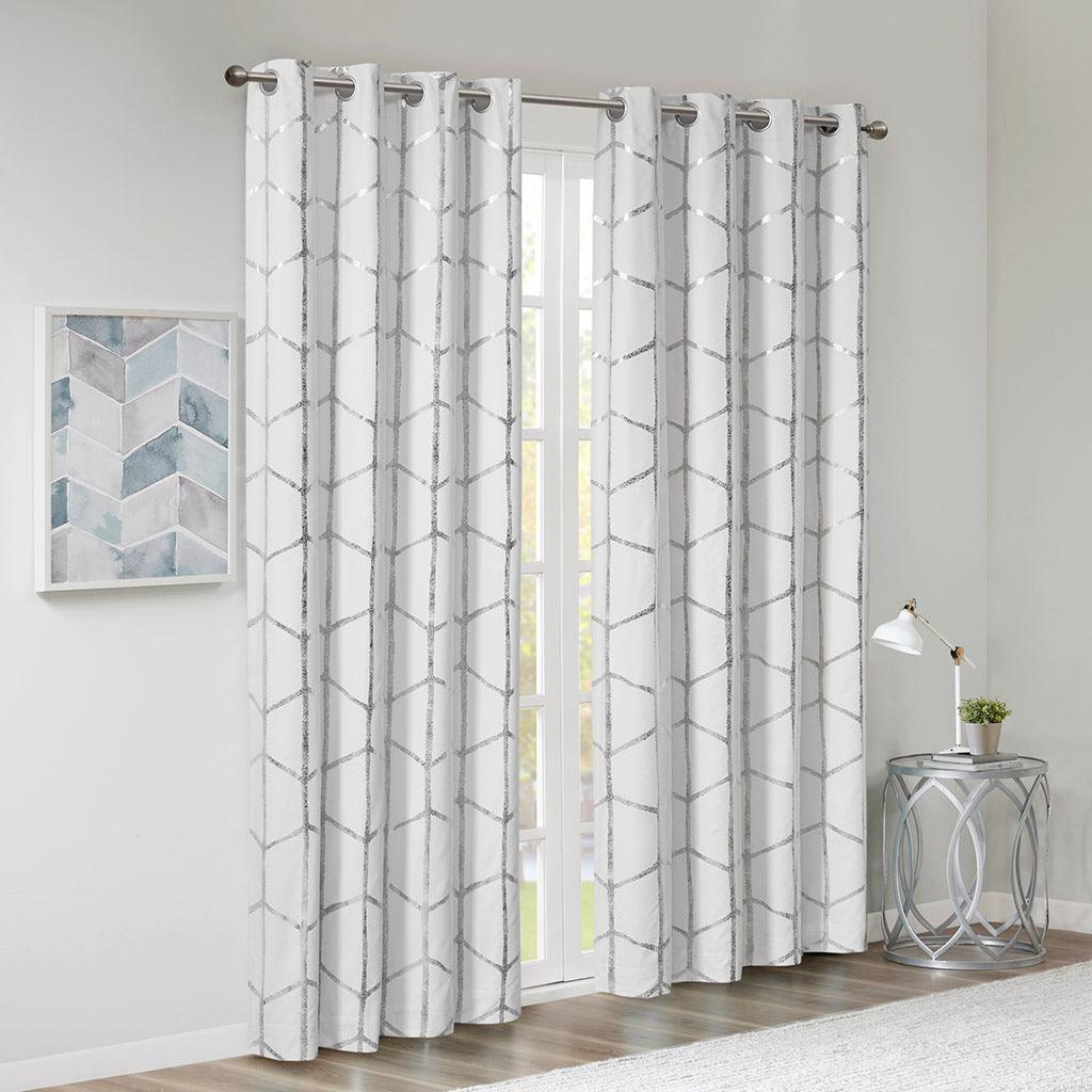 Raina 63" Total Blackout Metallic Print Grommet Top Curtain White & Silver Olliix.com