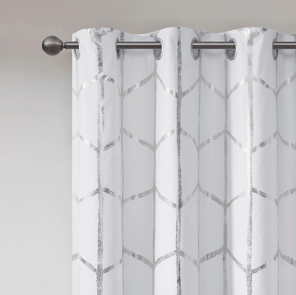 Raina 63" Total Blackout Metallic Print Grommet Top Curtain White & Silver Olliix.com