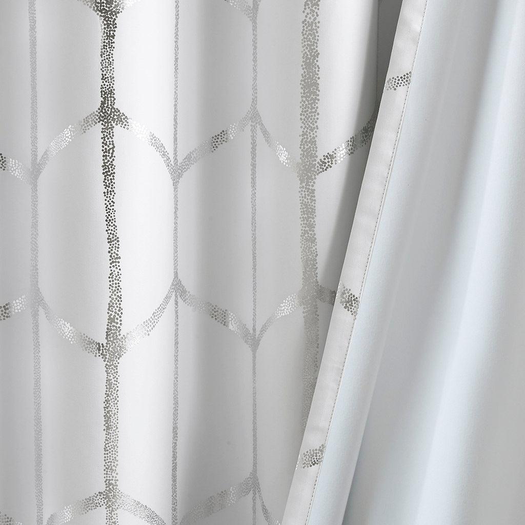 Raina 63" Total Blackout Metallic Print Grommet Top Curtain White & Silver Olliix.com