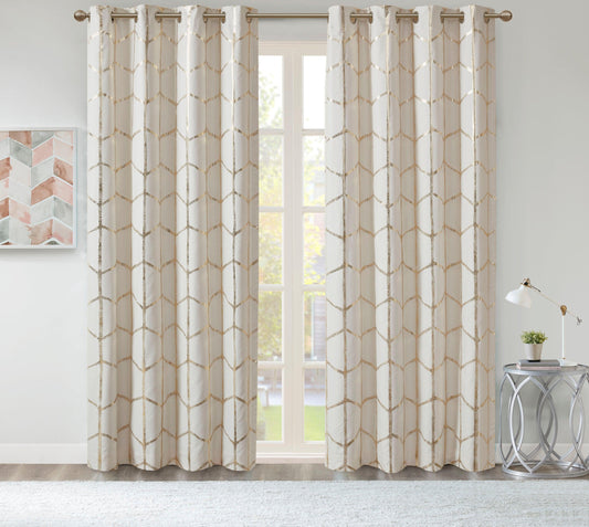 Raina 84" Total Blackout Metallic Print Grommet Top Curtain Ivory & Gold Olliix.com