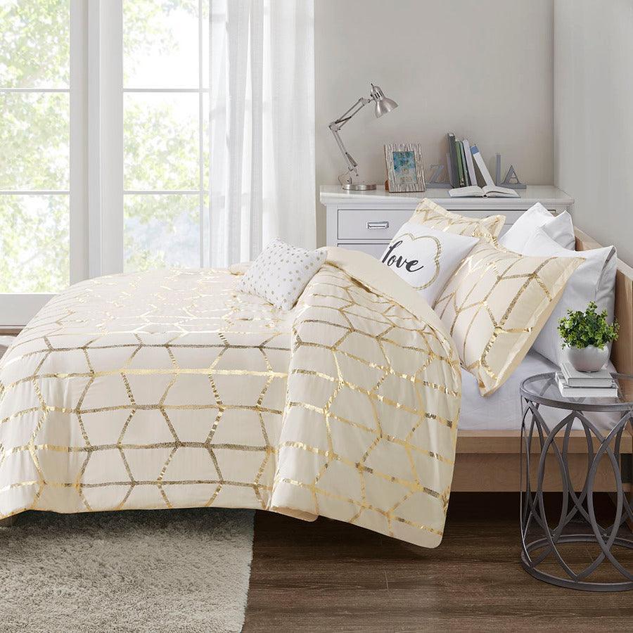 Raina King/California King Metallic Printed Duvet Cover Set Ivory & Gold Olliix.com