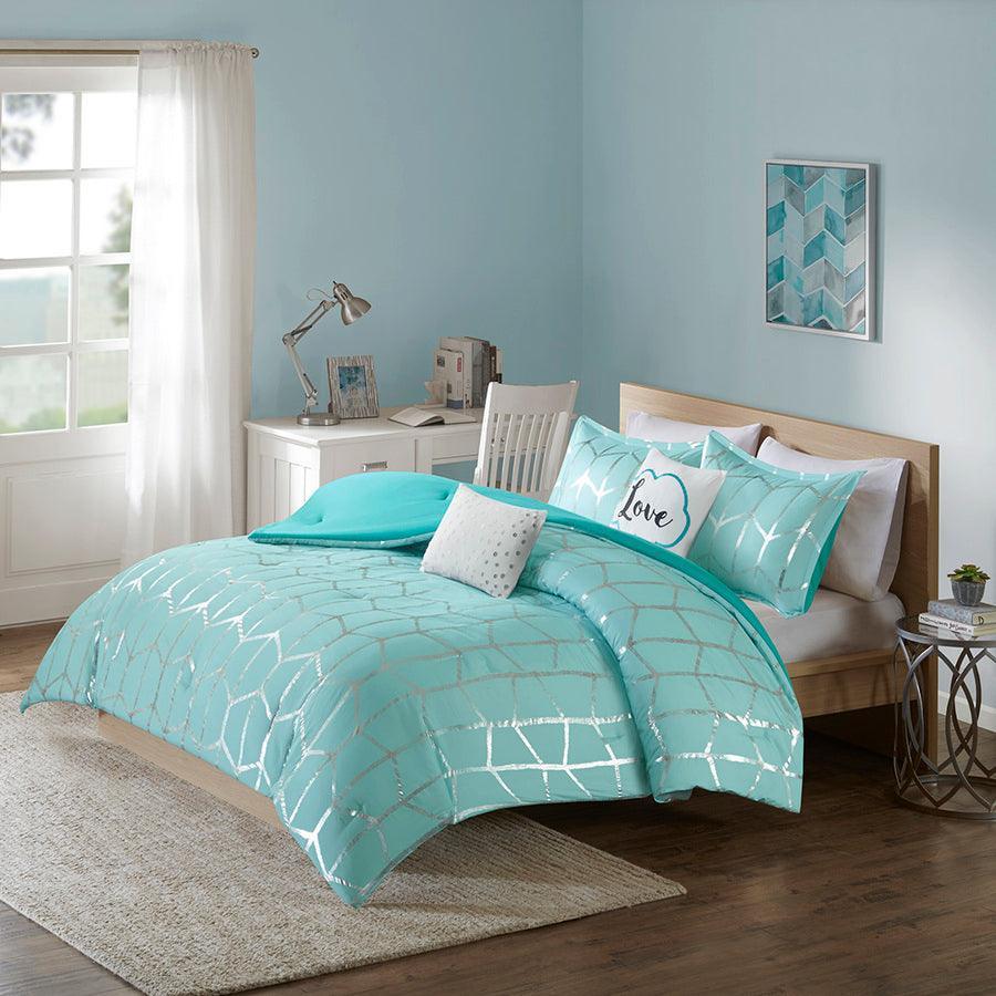 Raina Metallic 20 " D Printed Comforter Set Aqua & Silver Full/Queen Olliix.com