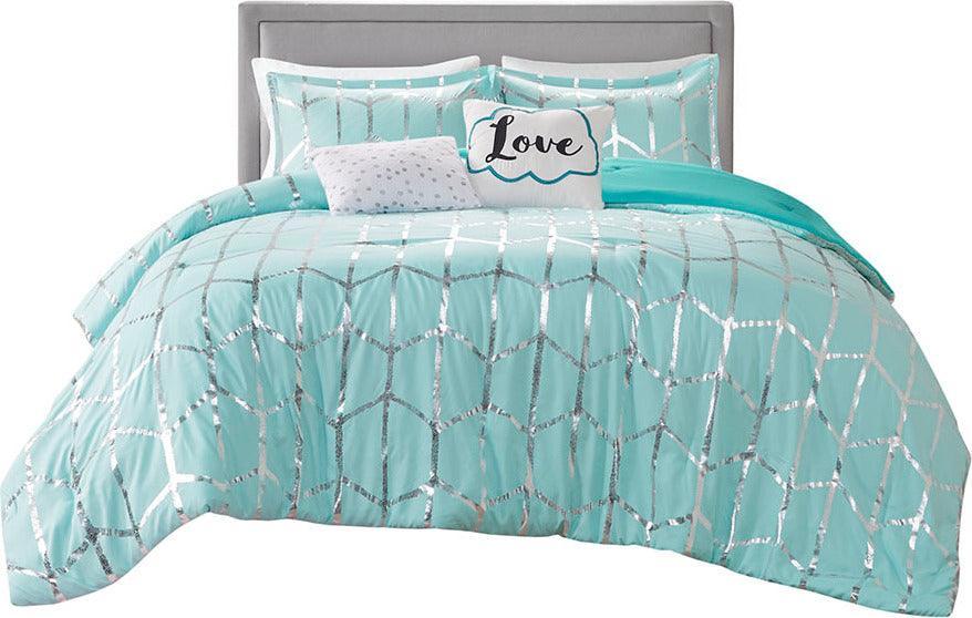 Raina Metallic 20 " D Printed Comforter Set Aqua & Silver Full/Queen Olliix.com