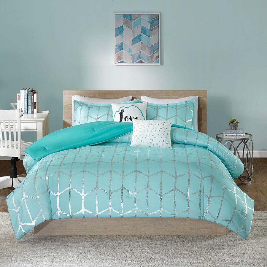 Raina Metallic 20 " D Printed Comforter Set Aqua & Silver Full/Queen Olliix.com