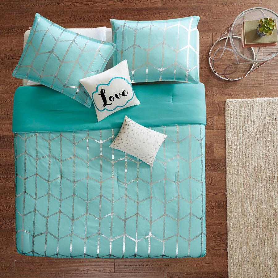 Raina Metallic 20 " D Printed Comforter Set Aqua & Silver Full/Queen Olliix.com