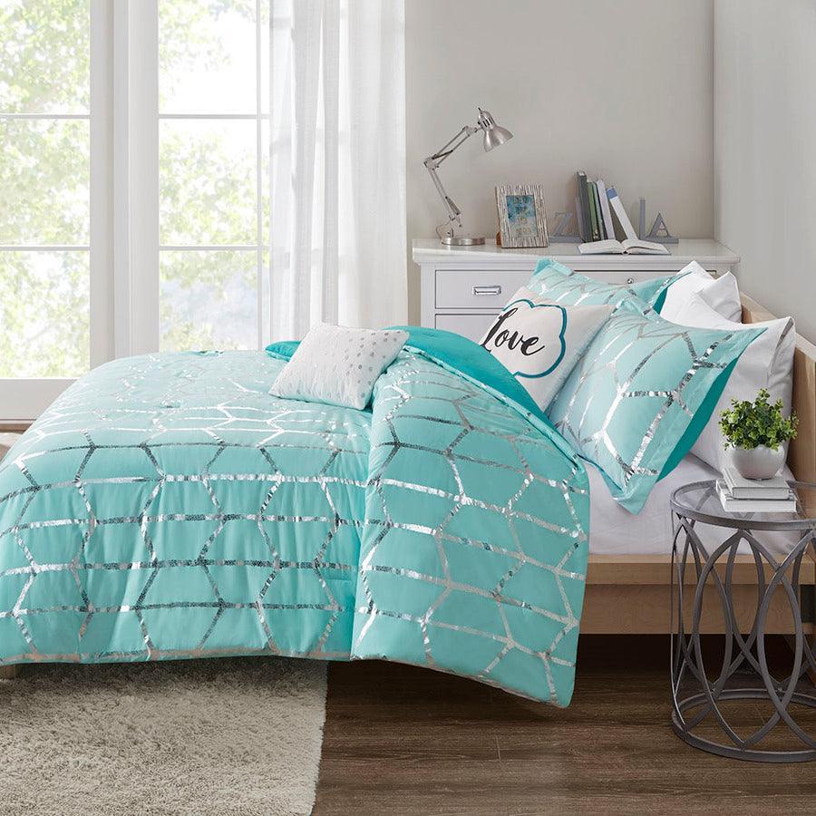 Raina Metallic 20 " D Printed Comforter Set Aqua & Silver Full/Queen Olliix.com