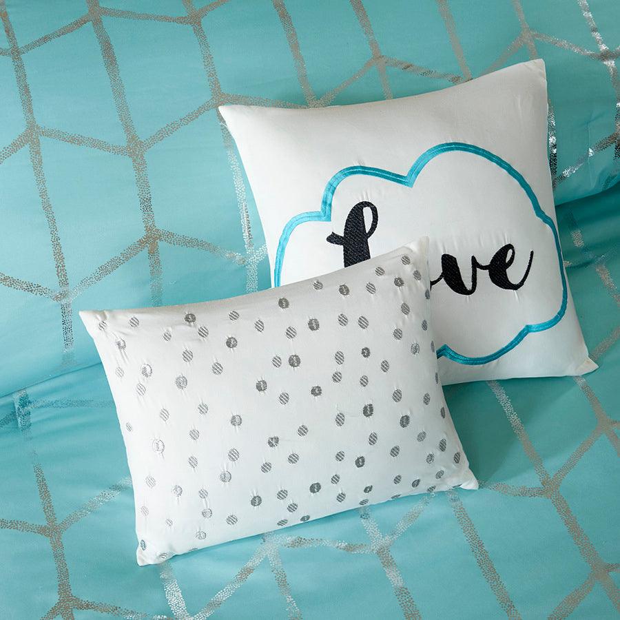 Raina Metallic 20 " D Printed Comforter Set Aqua & Silver Full/Queen Olliix.com