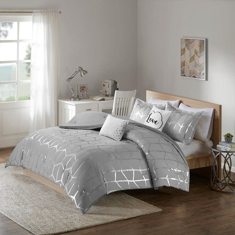 Raina Metallic 20 " D Printed Comforter Set Gray & Silver King/Cal King Olliix.com