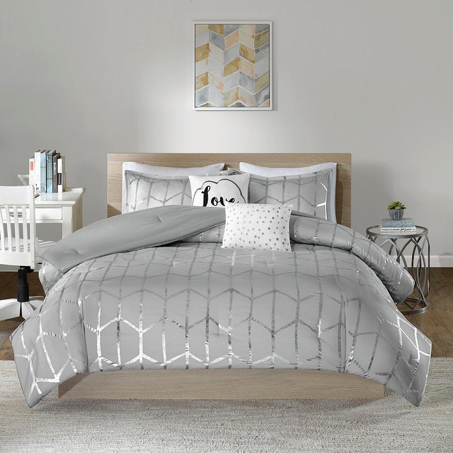 Raina Metallic 20 " D Printed Comforter Set Gray & Silver King/Cal King Olliix.com