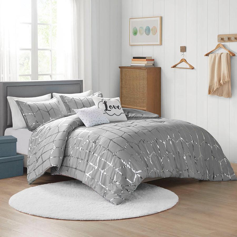 Raina Metallic 20 " D Printed Comforter Set Gray & Silver King/Cal King Olliix.com