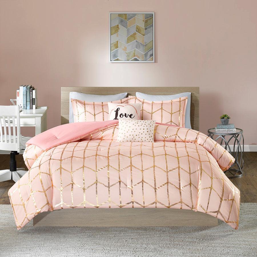 Raina Metallic Printed Comforter Set Blush & Gold King/Cal King Olliix.com