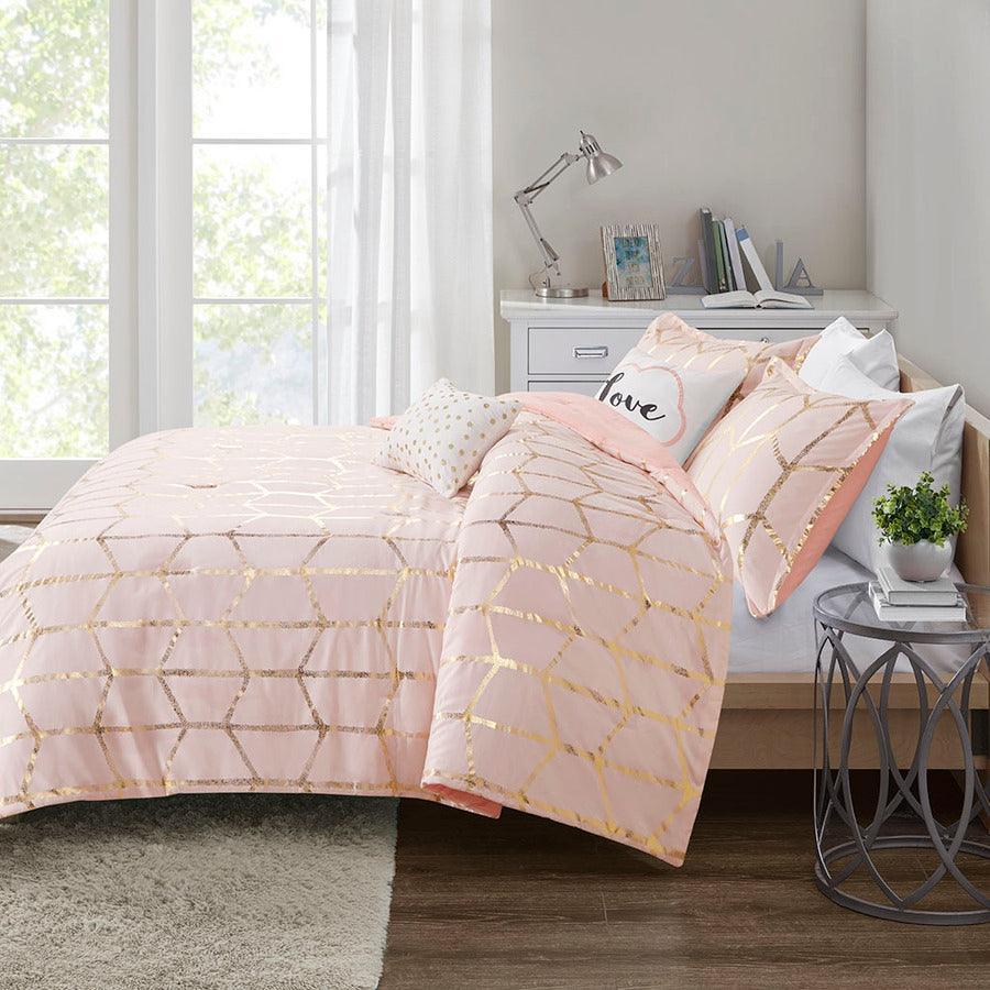 Raina Metallic Printed Comforter Set Blush & Gold King/Cal King Olliix.com