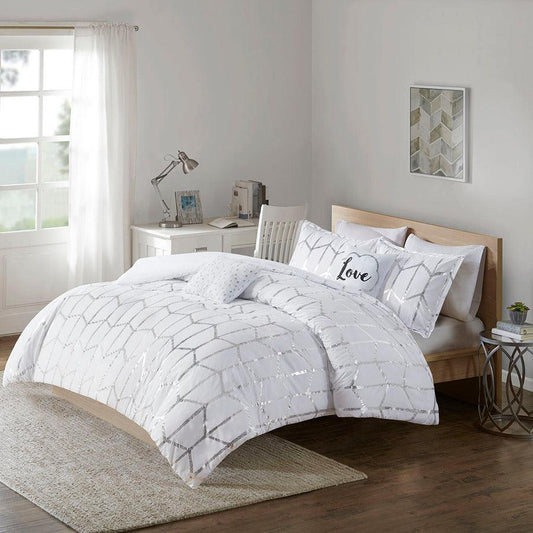 Raina Metallic Printed Comforter Set White & Silver Full/Queen Olliix.com