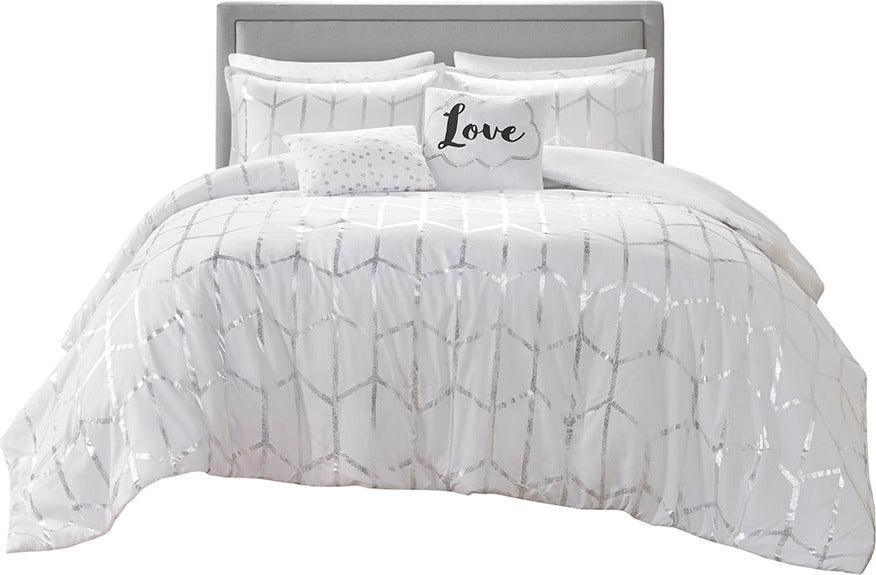 Raina Metallic Printed Comforter Set White & Silver Full/Queen Olliix.com