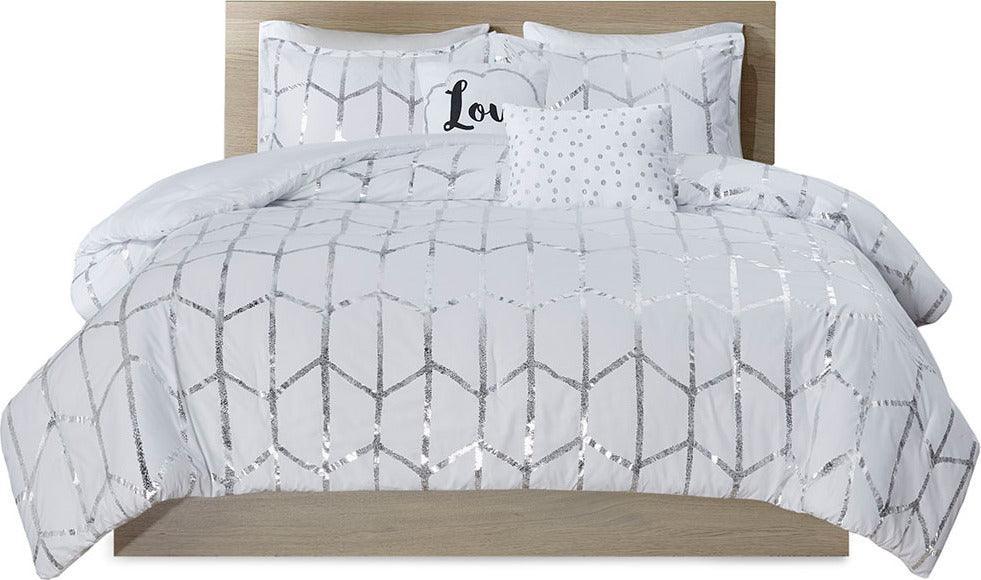 Raina Metallic Printed Comforter Set White & Silver Full/Queen Olliix.com