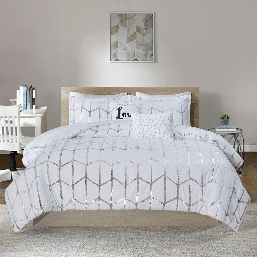 Raina Metallic Printed Comforter Set White & Silver Full/Queen Olliix.com