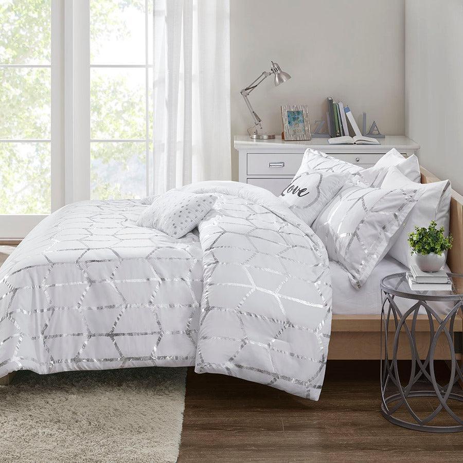 Raina Metallic Printed Comforter Set White & Silver Full/Queen Olliix.com