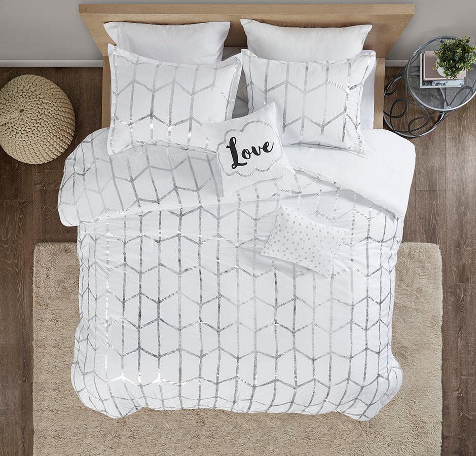 Raina Metallic Printed Comforter Set White & Silver Full/Queen Olliix.com