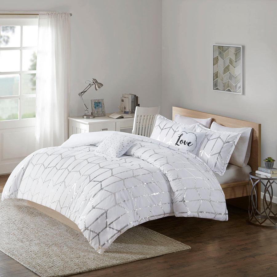 Raina Shabby Chic Metallic Printed Comforter Set White | Silver Twin/Twin XL Olliix.com