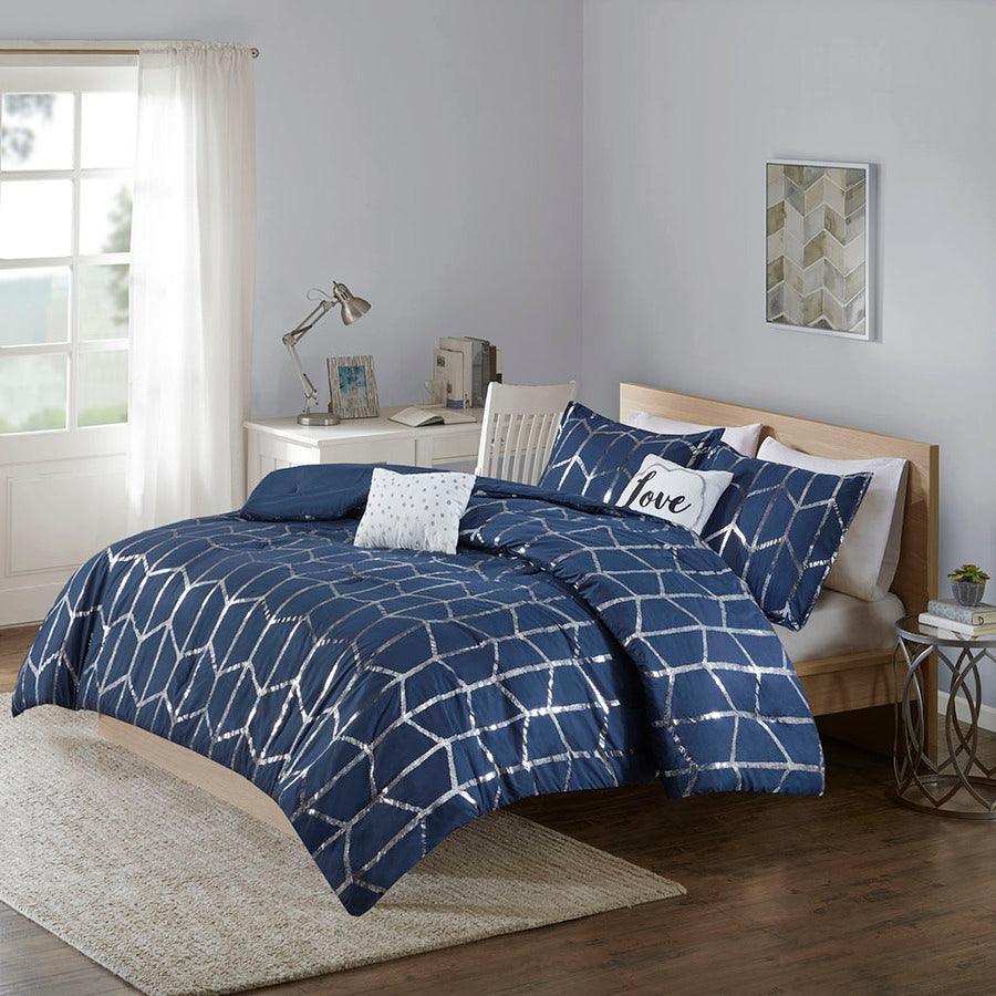 Raina Transitional Metallic Printed Comforter Set Navy | Silver King/Cal King Olliix.com