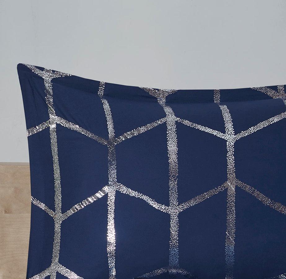 Raina Transitional Metallic Printed Comforter Set Navy | Silver King/Cal King Olliix.com