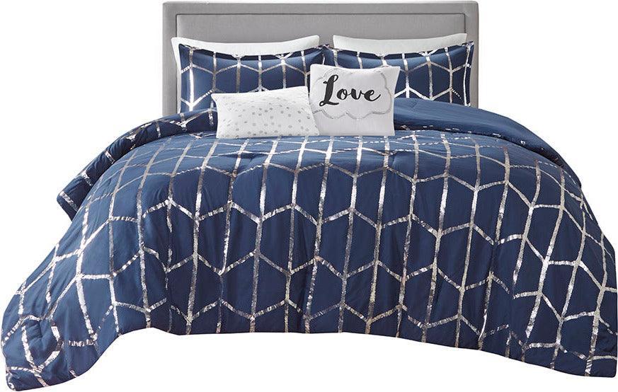 Raina Transitional Metallic Printed Comforter Set Navy | Silver King/Cal King Olliix.com