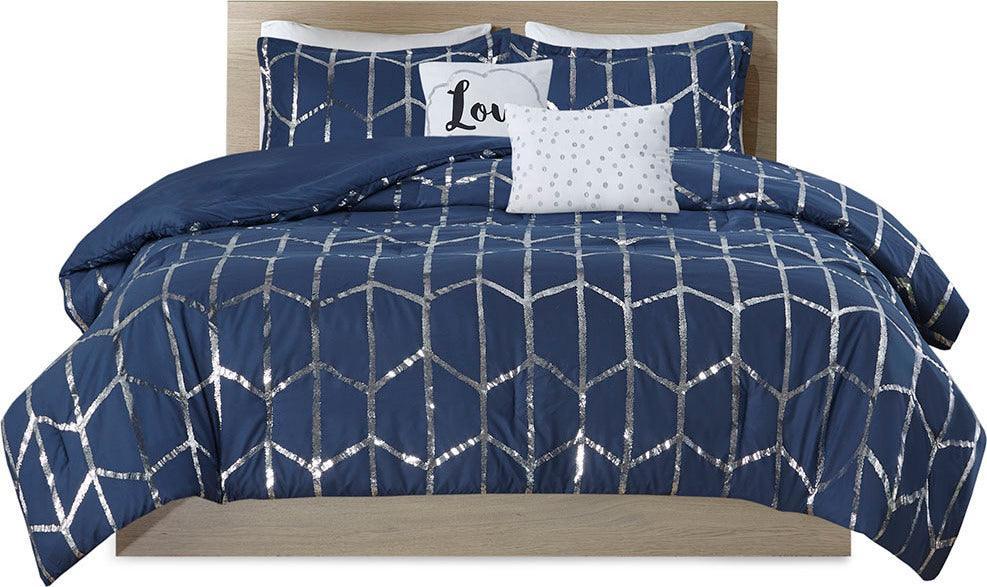 Raina Transitional Metallic Printed Comforter Set Navy | Silver King/Cal King Olliix.com