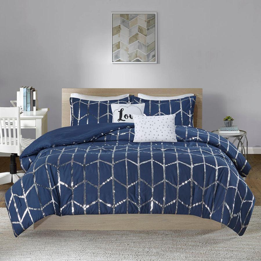 Raina Transitional Metallic Printed Comforter Set Navy | Silver King/Cal King Olliix.com