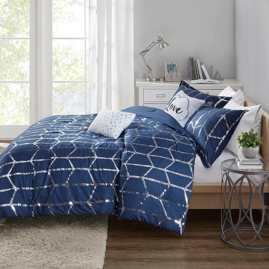 Raina Transitional Metallic Printed Comforter Set Navy | Silver King/Cal King Olliix.com