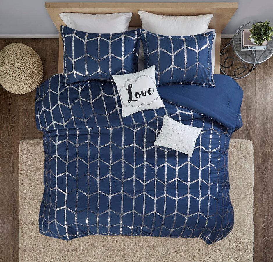 Raina Transitional Metallic Printed Comforter Set Navy | Silver King/Cal King Olliix.com