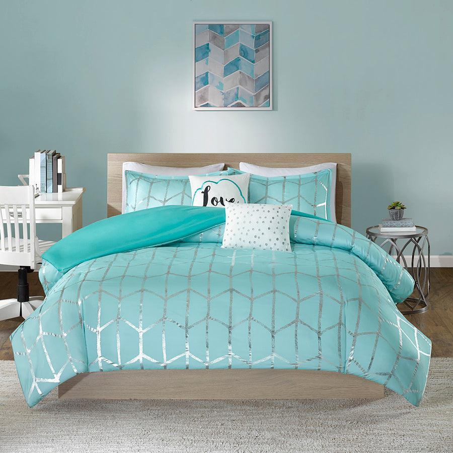 Raina Twin/Twin XL Metallic Printed Duvet Cover Set Aqua & Silver Olliix.com