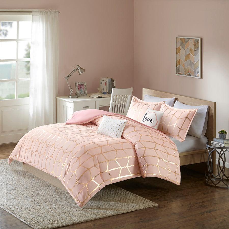 Raina Twin/Twin XL Metallic Printed Duvet Cover Set Blush & Gold Olliix.com