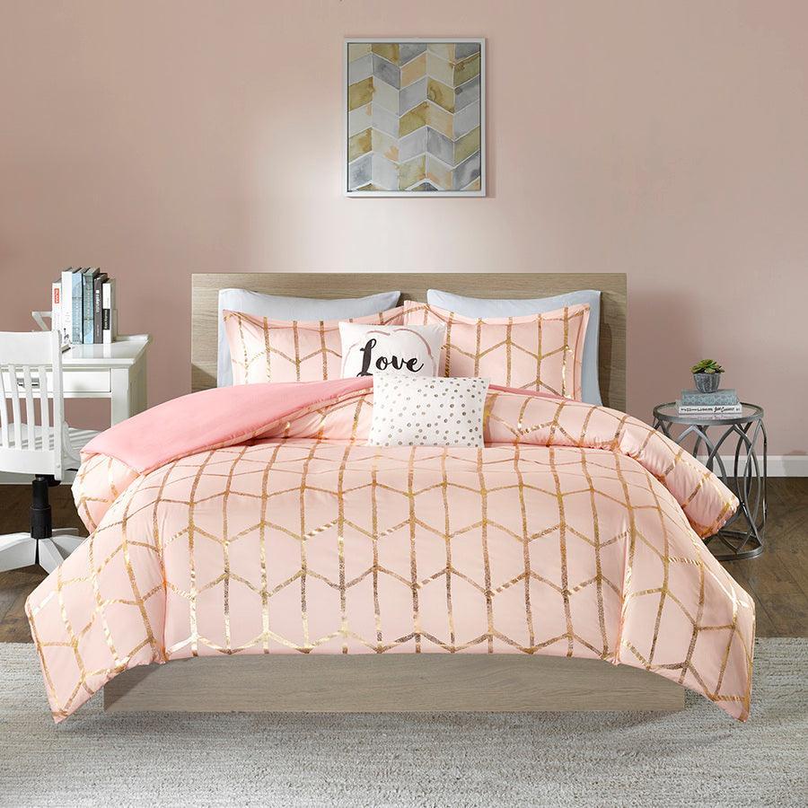 Raina Twin/Twin XL Metallic Printed Duvet Cover Set Blush & Gold Olliix.com