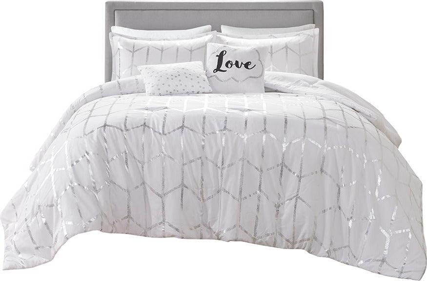 Raina Twin/Twin XL Metallic Printed Duvet Cover Set White & Silver Olliix.com