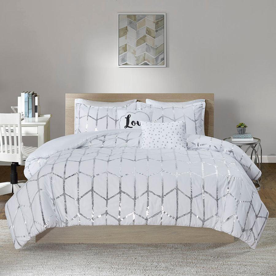 Raina Twin/Twin XL Metallic Printed Duvet Cover Set White & Silver Olliix.com