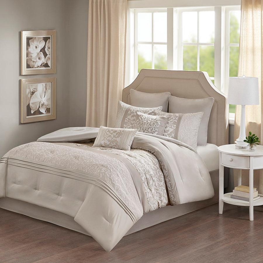 Ramsey Embroidered 8 Piece 26 " W Comforter Set Neutral Queen Olliix.com