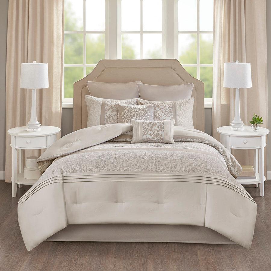 Ramsey Embroidered 8 Piece 26 " W Comforter Set Neutral Queen Olliix.com