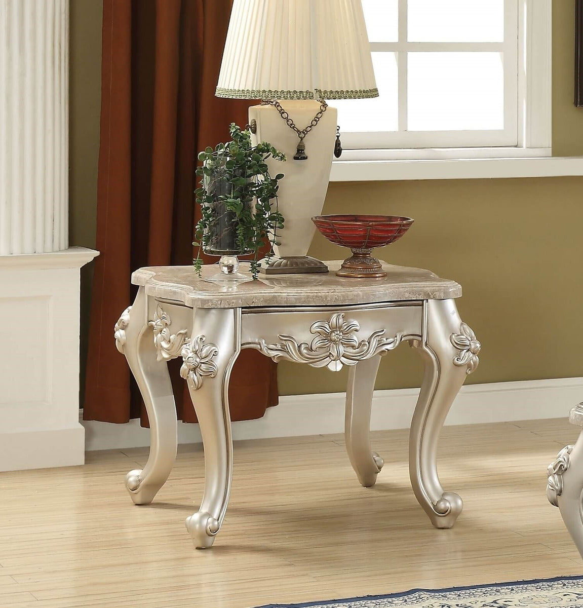 Acme Furniture Ranita End Table with Marble Top in Champagne 81042 ACME East