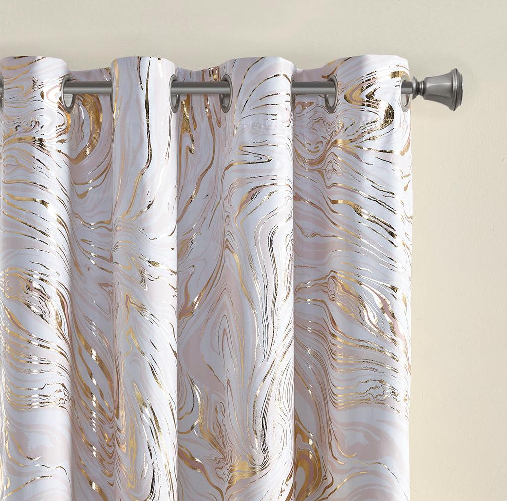 Rebecca 84" Grommet Top Metallic Printed Total Blackout Curtain Blush & Gold Olliix.com