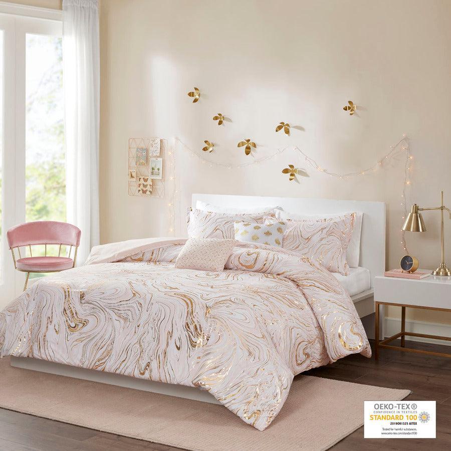 Rebecca King/California King Metallic Printed Comforter Set Blush & Gold Olliix.com