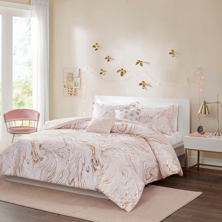 Rebecca King/California King Metallic Printed Comforter Set Blush & Gold Olliix.com