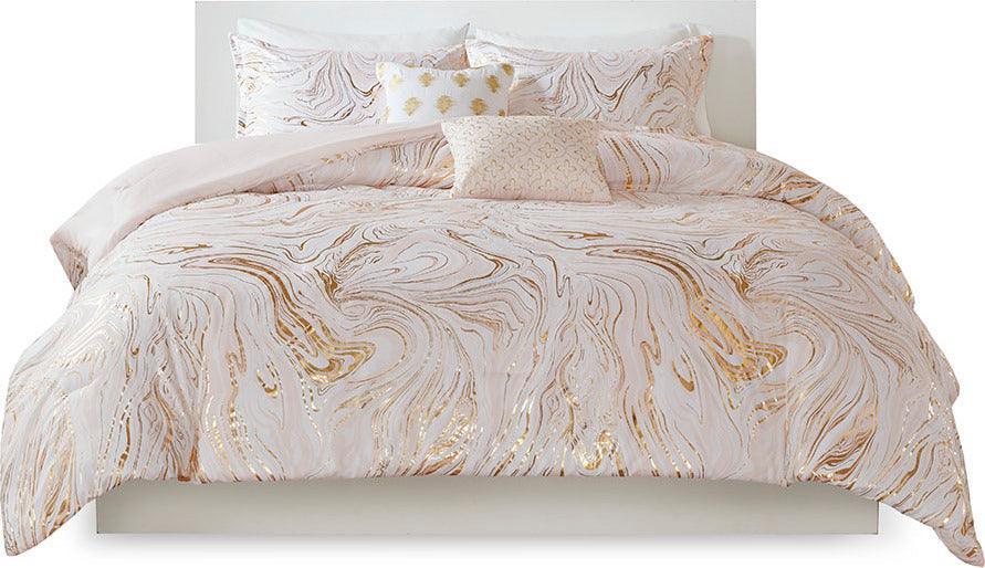 Rebecca King/California King Metallic Printed Comforter Set Blush & Gold Olliix.com