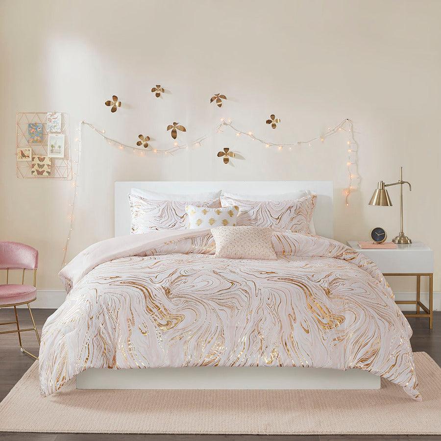 Rebecca King/California King Metallic Printed Comforter Set Blush & Gold Olliix.com