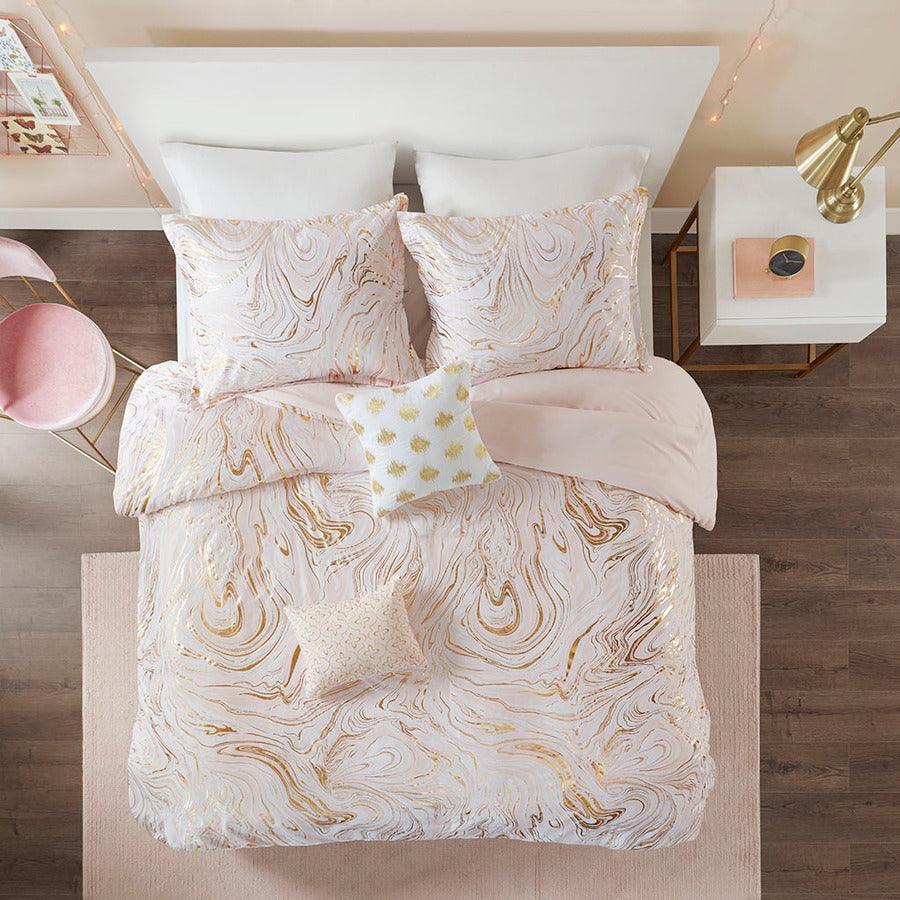 Rebecca King/California King Metallic Printed Comforter Set Blush & Gold Olliix.com