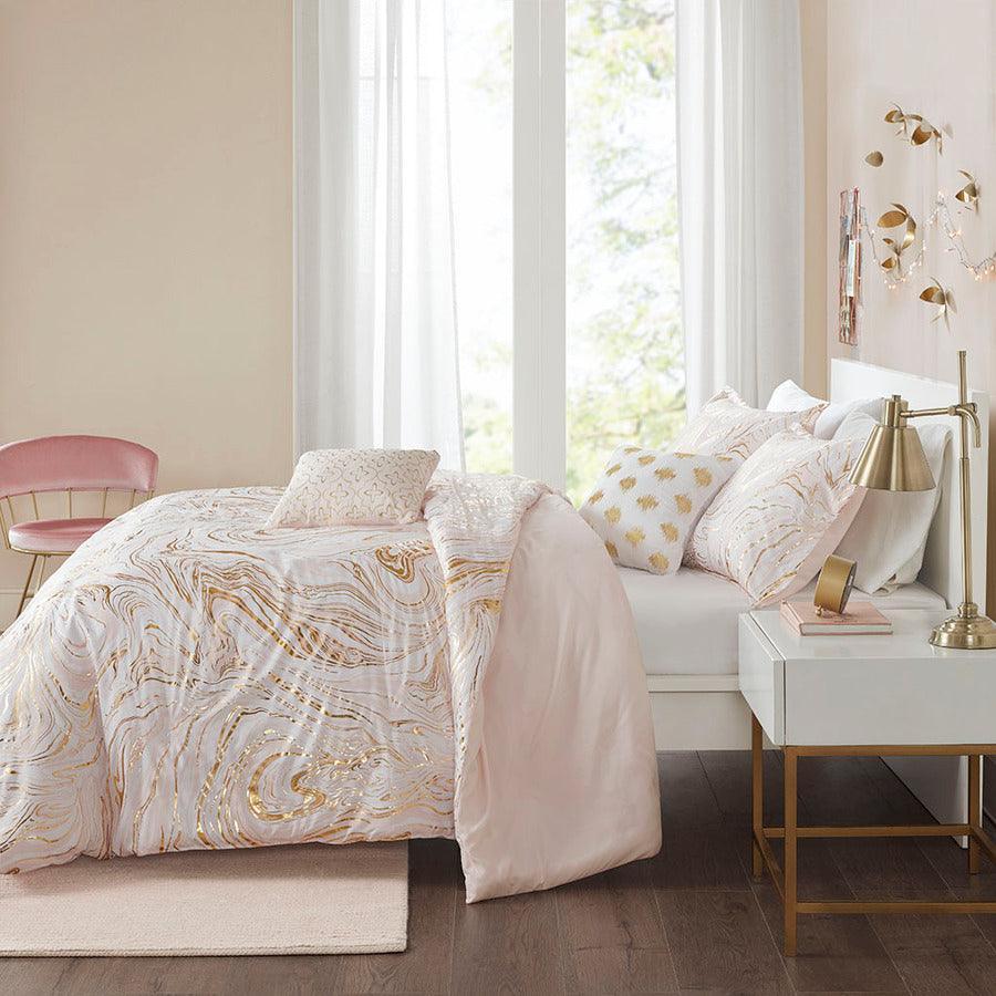 Rebecca Twin/Twin XL Metallic Printed Duvet Cover Set Blush & Gold Olliix.com