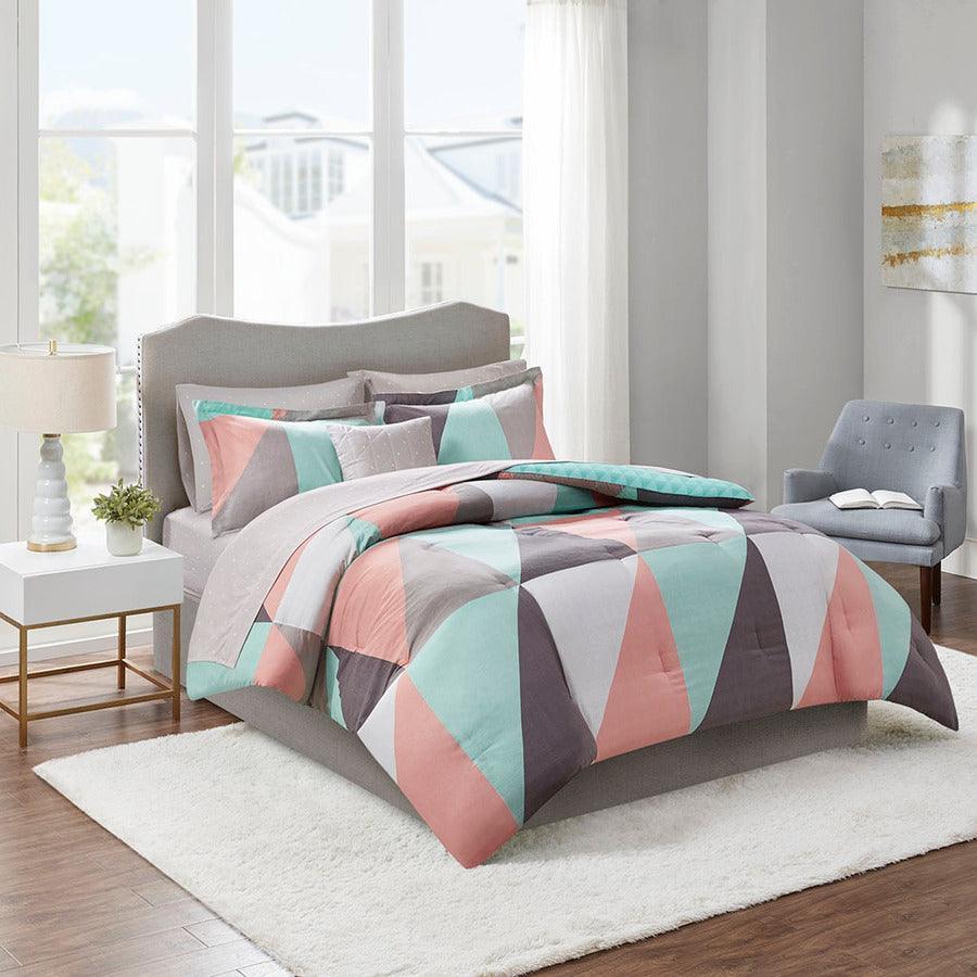 Remy Queen Reversible Complete Modern & Contemporary Bed Set includes Sheets Aqua Olliix.com