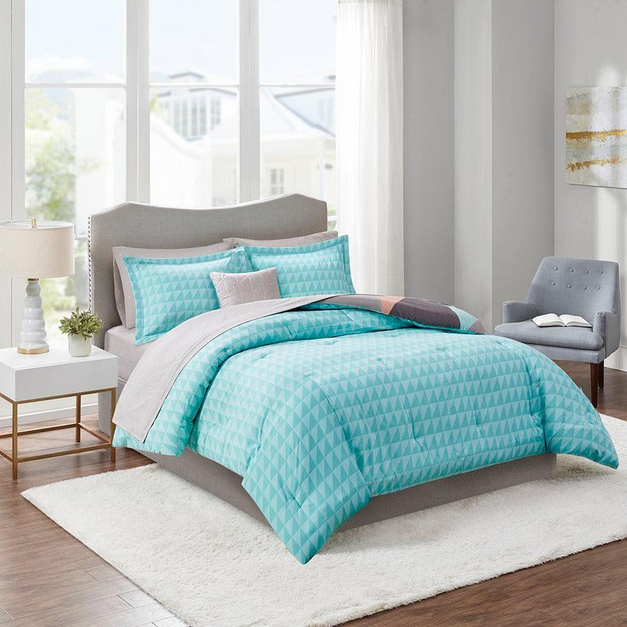 Remy Queen Reversible Complete Modern & Contemporary Bed Set includes Sheets Aqua Olliix.com