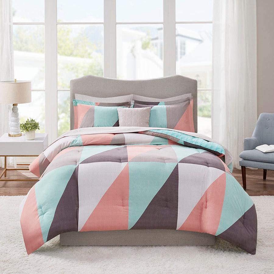 Remy Queen Reversible Complete Modern & Contemporary Bed Set includes Sheets Aqua Olliix.com